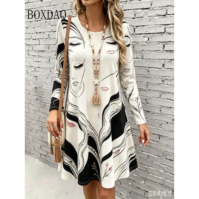 Dress Women's 2026 Autumn Fashion Streetwear Clothing Abstract Painting Face Print Dresses Loose Casual Long Sleeve A-Line Dress