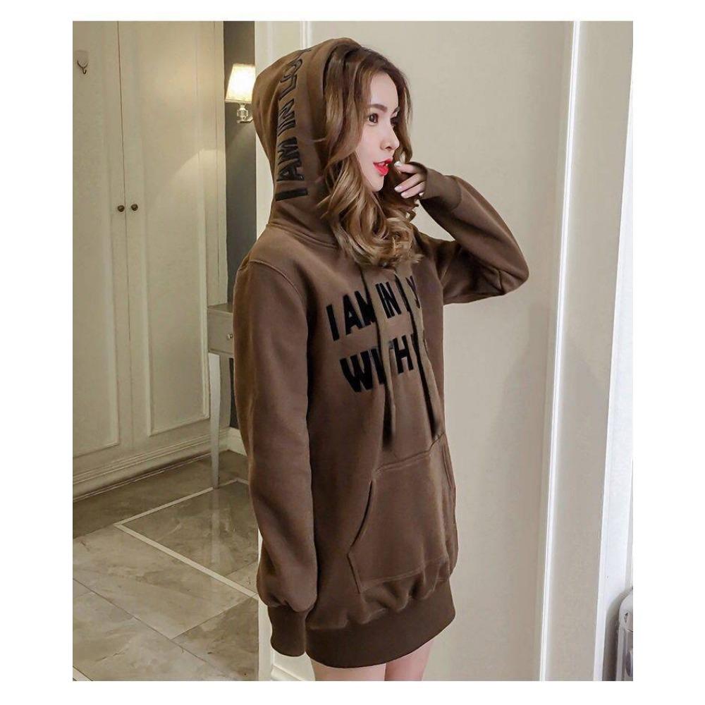 Damska bluza z kapturem średniej długości, pluszowa i gruba