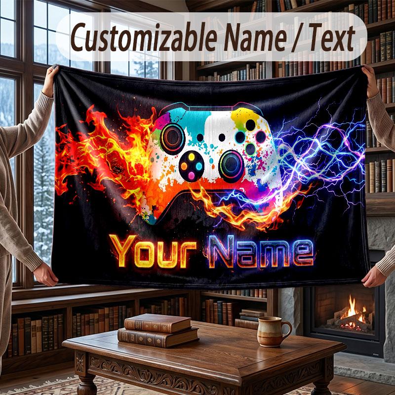 Game Controller Theme Throw Blanket Custom Name Text Personalized Blanket Soft Cozy Blanket for Home Sofa Bed