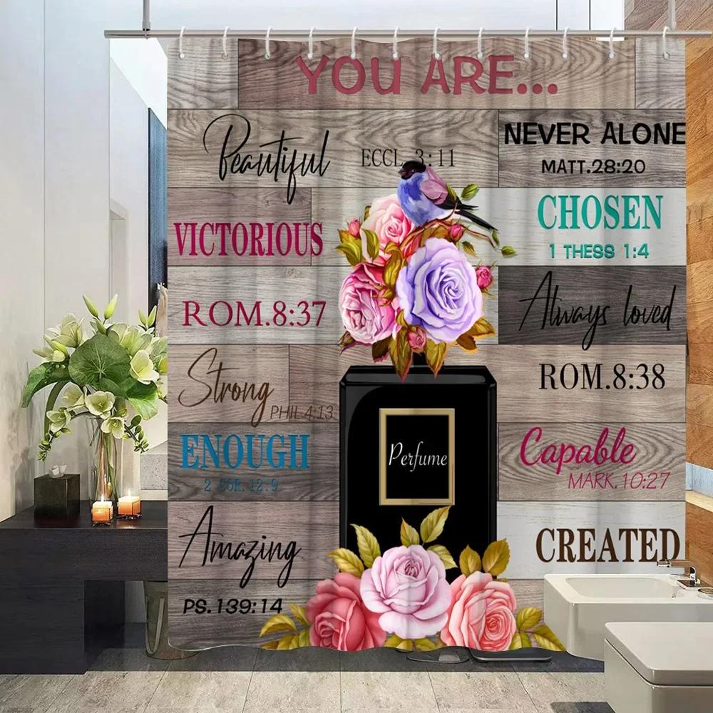 Cosmetic Perfume and Floral Shower Curtain and Rug Bathroom Set Flowers Heels Lipstick Home Cloth Hanging Curtain Bathroom Decor