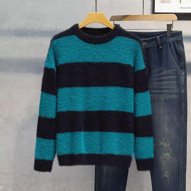 Men's Mink Velvet Sweater: High-End, Thick, Loose-Fit, Black & White Striped Knit for Autumn/Winter - Couple's Lazy Style