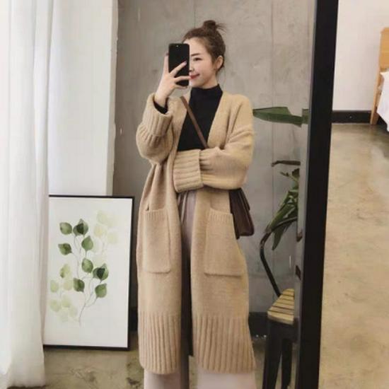 **Korean Style Loose Knit Cardigan for Women - Spring/Autumn 2025 Mid-Length Sweater Coat**