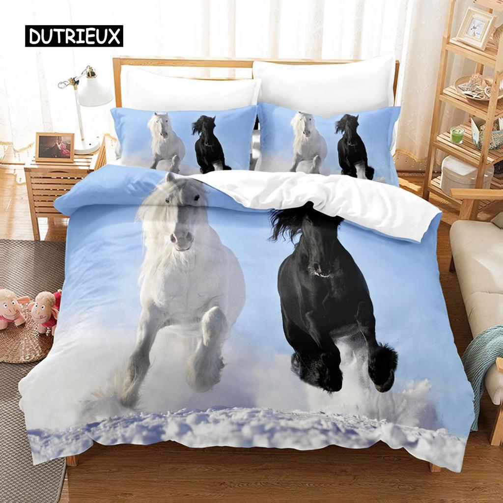 Polyester Comfortable White Horse Pattern Duvet Cover Set With Duvet Cover And Pillowcases King Queen Twin Sizes For All Ages