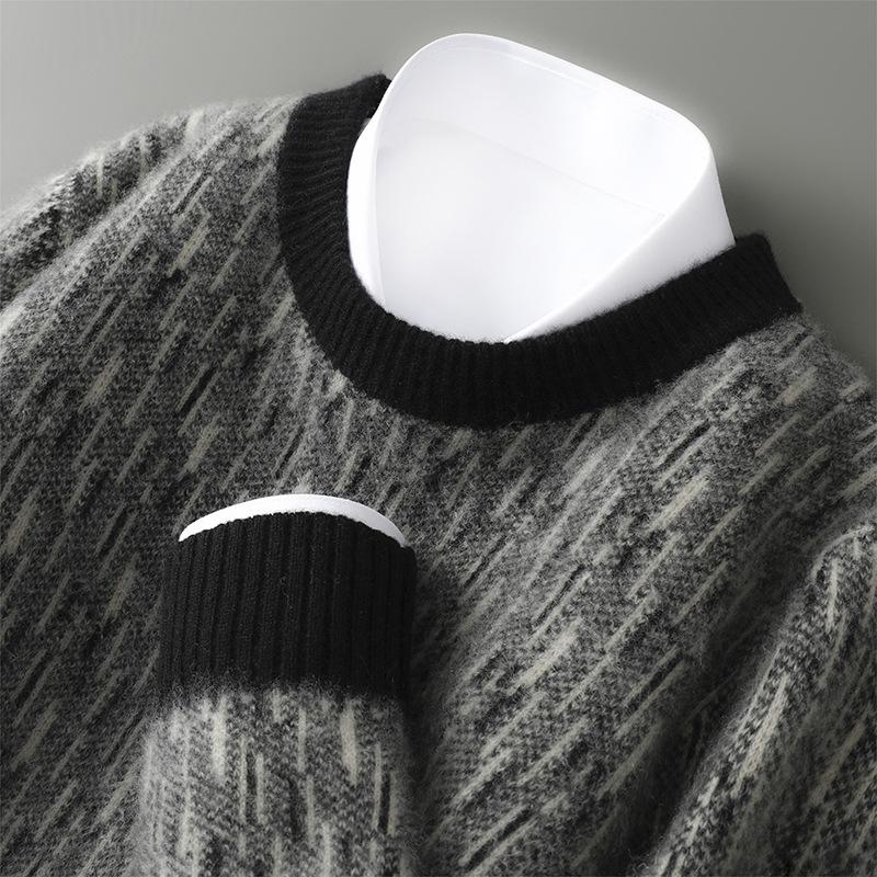 Men s 100% Pure Wool Round Neck Color Block Jacquard Loose Sweater Pullover Medium