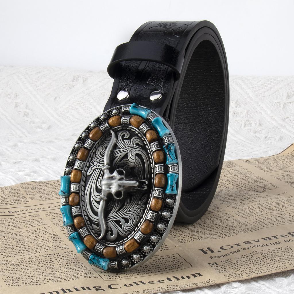 Men's Western Vintage Cowhide Belt with Horn Buckle, Retro Punk Waist Belt for Young People