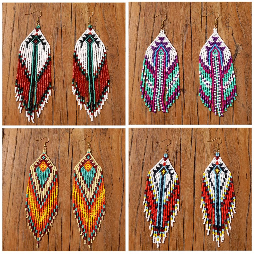 Colorful tassel ethnic style earrings, vintage Bohemian women's earrings