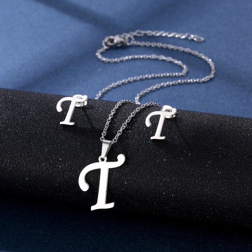 Stainless Steel Letter Pendant Necklace Unisex Jewelry Set Letter Earrings Party Accessory Present for Fashion Lover