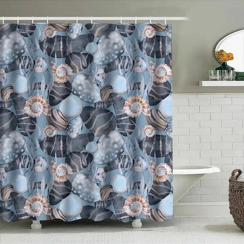 

Modern Ocean Print Shower Curtain For Bathroom Decor Waterproof Fabric With Rings Navy Blue Pink Floral Pattern W60H190(CM)-1 Pcs