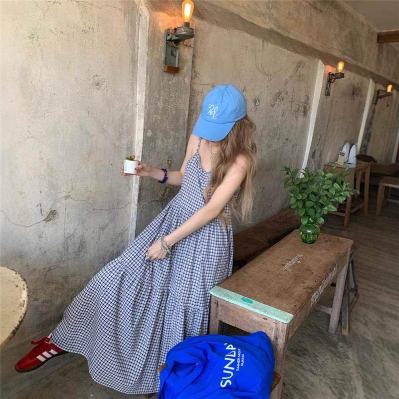 Vintage Summer Waist Tie Slimming Checkered Maxi Dress Ankle Length Skirt For Beach Vacation