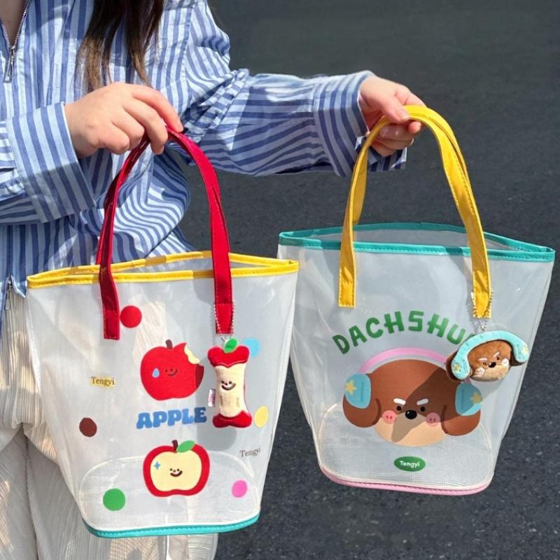 Jelly Beach Bag Waterproof Kawaii Print Pvc Storage Bag Transparent Travel Handbag Shoulder Bag Shopping Bag With Cute Pendant