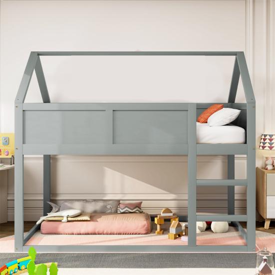 Bunk Children Bed, 90 x 200 cm, Low Bunk Single Bed, Loft Bed with Stairs, Solid Wood Frame, Wood Color