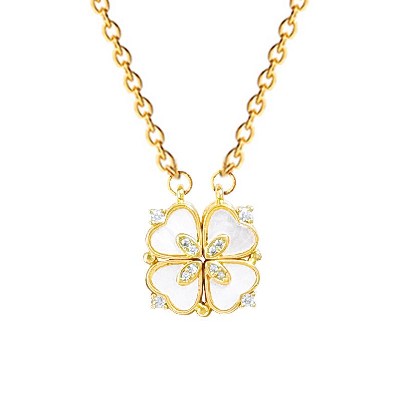 Necklace Female One Or Two Wear Heart-To-Heart Open Four-Leaf Flower Full Diamond Versatile Collarbone Chain Titanium Steel