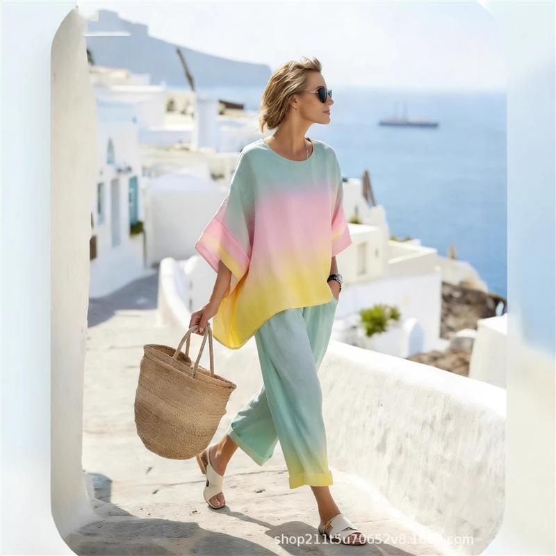 Y1 new bohemian two-piece summer women's round neck printing casual suit