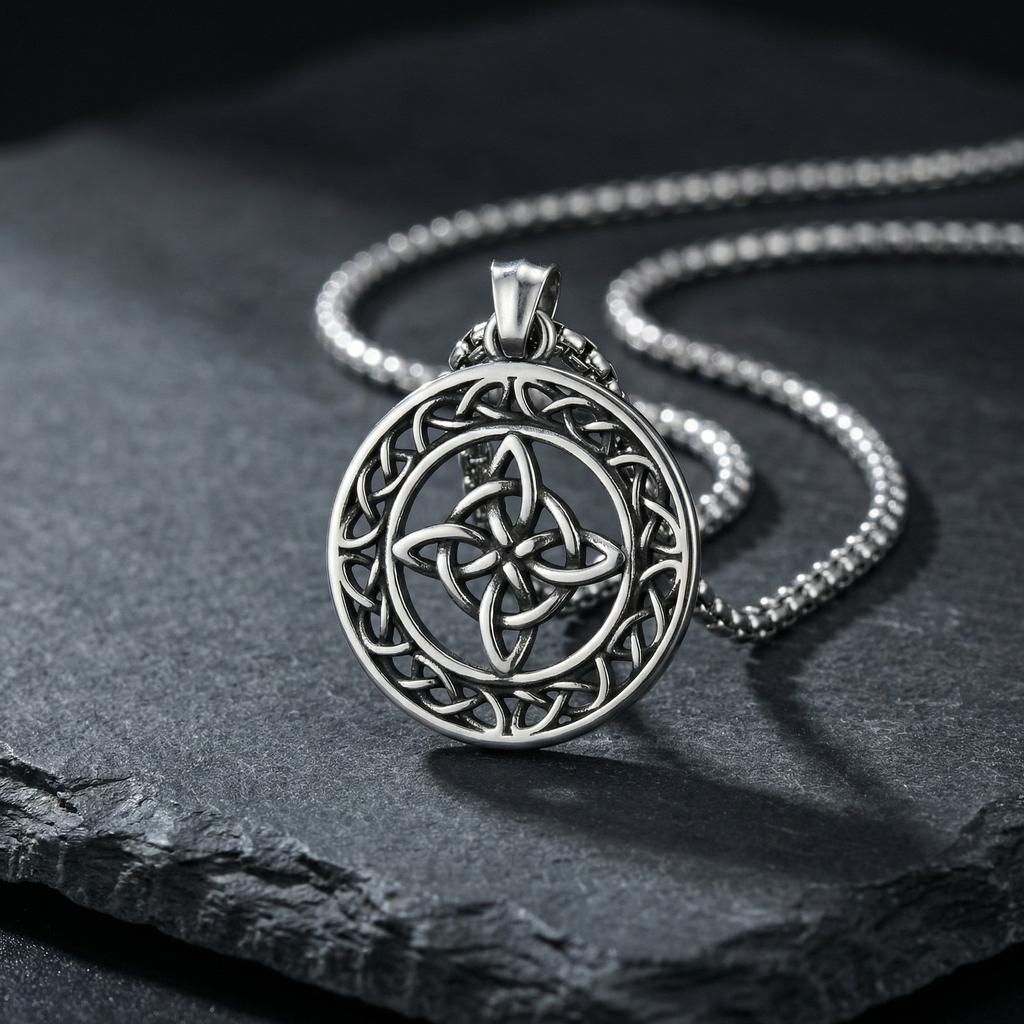 Vnox Celtic Knot Pendant Round Medallion Necklace, Stainless Steel Oxidized Silver Color Irish Protection Amulet Jewelry for Men