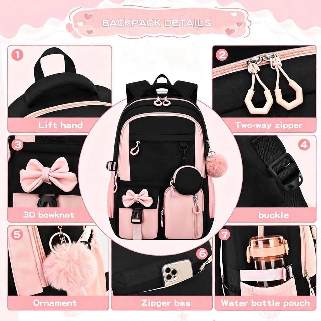4pcs/set Patchwork School Backpack Set Primary Middle Bow School Bags for Girls Cute Bookbag Lunch Bag Pencil Bag Large Capacity