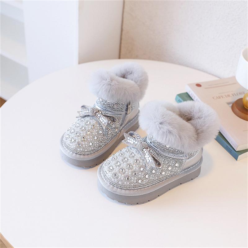 Winter Children Snow Boots Leather Warm Plush Rhinestone Bling Bling Kids Shoes Non-slip  Girls Cotton Boots EU 26-37