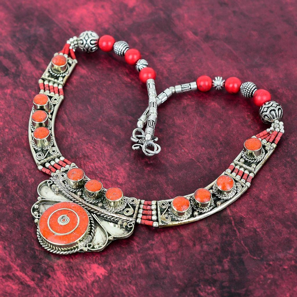 Orange & Red Coral Handmade Gemstone Nepali Necklace, 925 Solid Sterling Silver Necklace Antique Jewelry, Adjustable Chain Necklace Engagement Gift