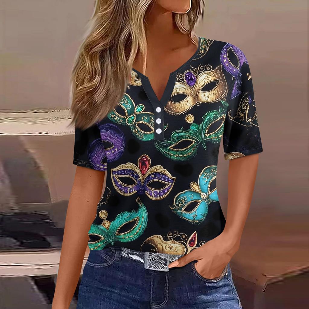 Damen-T-Shirt, T-Shirt, bedruckt, Knopfleiste, kurzärmelig, für den Alltag, Wochenende, modisch, Basic, V-Ausschnitt, normales Oberteil
