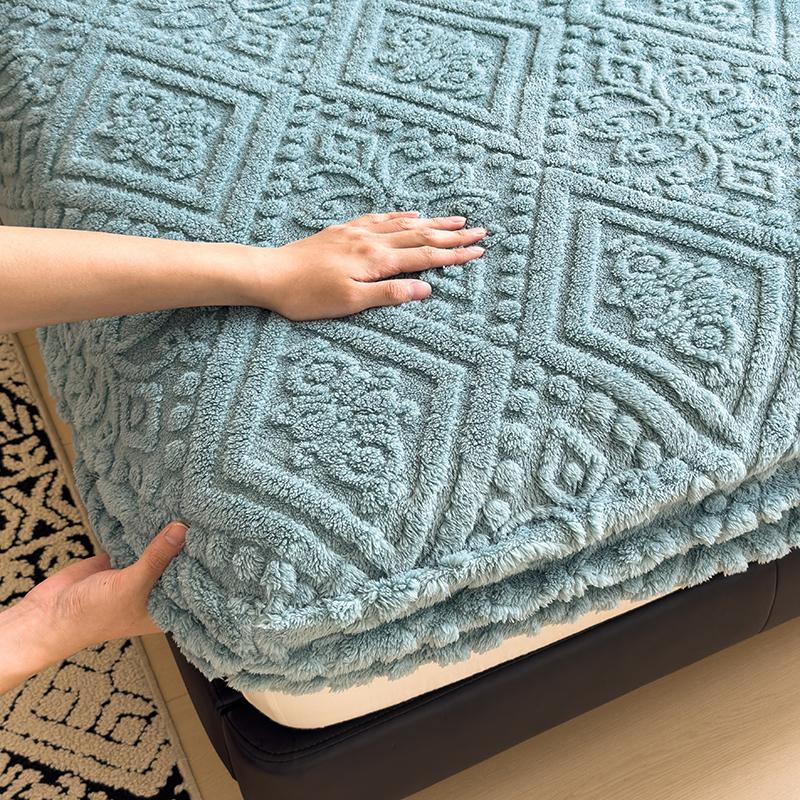 WOSTAR Winter Warm Coral Fleece Fitted Sheet Elastic Mattress Protector Cover Retro Style Bed Linens Luxury Double Bed King Size