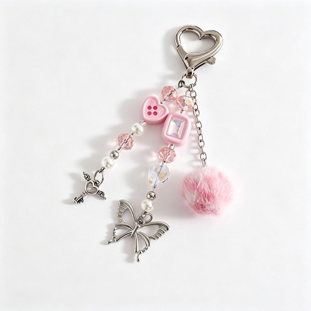 Pearl Heart Beaded Beaded Keychain Handmade Star Pendant Keychain Fur Ball Keychain  For Phone Case розовый