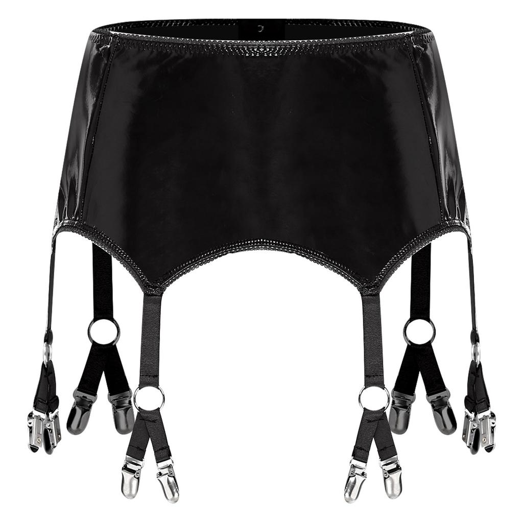 Womens Glossy PU Garter Belt Showing Butt Suspender Straps Metal Clips Extra Miniskirt Waist Belt