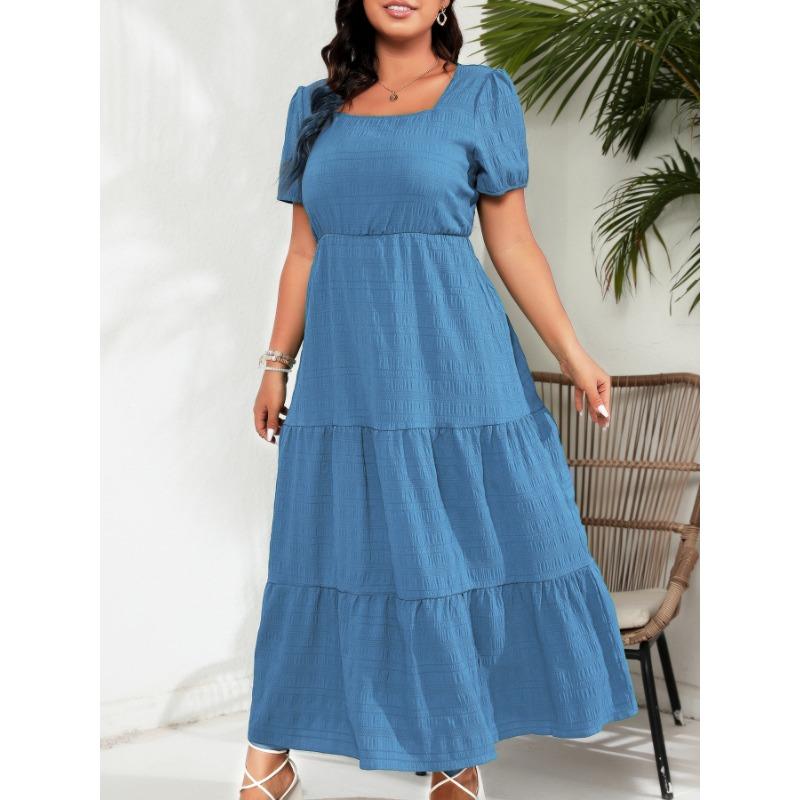 Bubble Sleeve Square Neck Back Drawstring Short Sleeve Pocket Dress