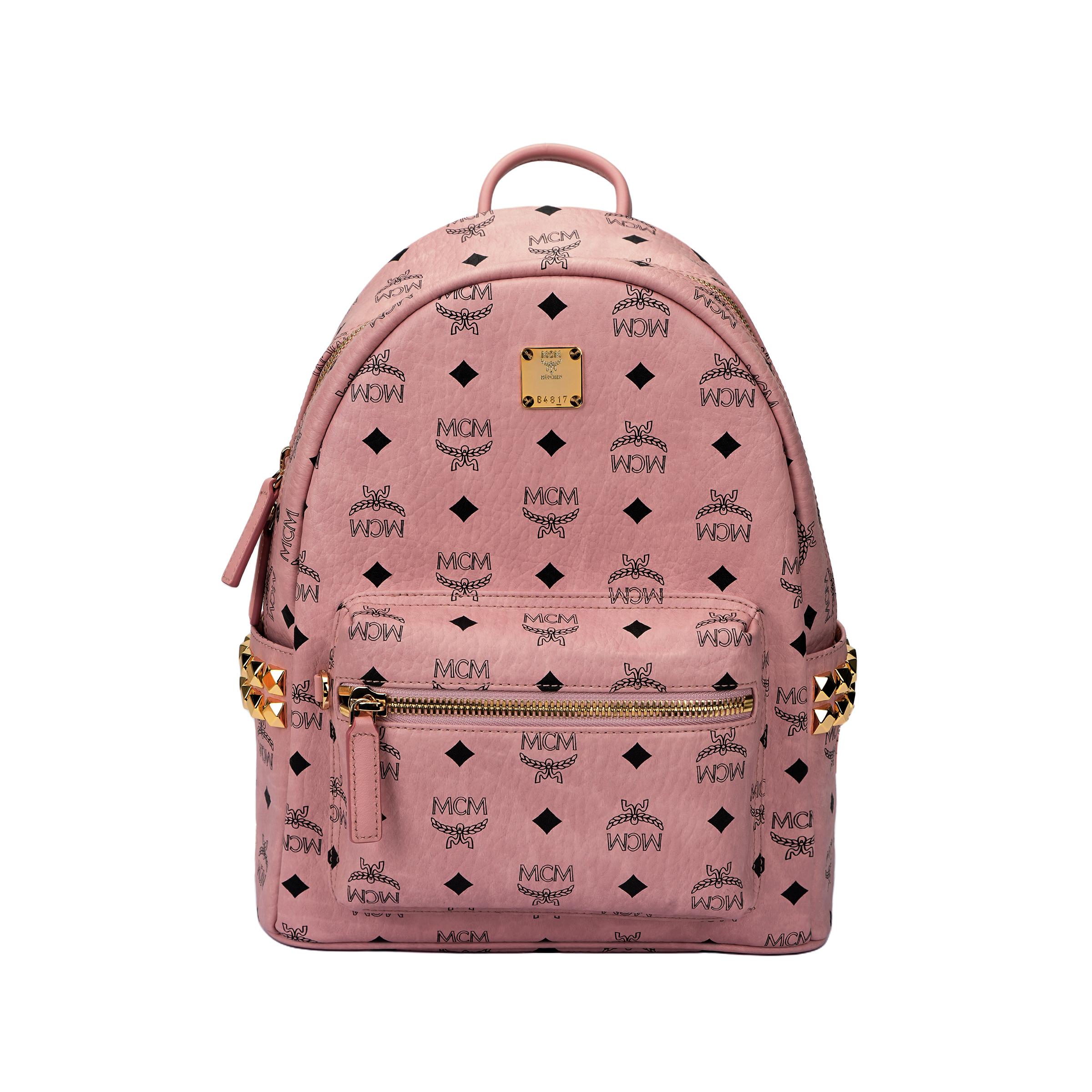 

MCM Stark Classic Monogram Zip Closure Faux Leather Backpack Small Unisex Backpack Peach-Pink MMKEAVE15PZ001 Basic Set (Bag+Dust Bag)