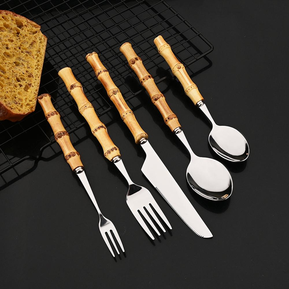 

5Pcs Creative Home Bamboo Handle Dinnerware Cutlery Set Stainless Steel Tableware Steak Knives Fork Spoon Flatware Set For Home