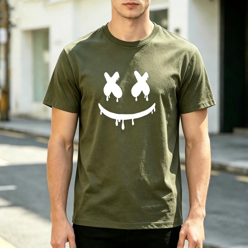 Grunge Smile Face Print T Shirt Soft Cotton Short Sleeve Top For Unisexs Edgy Streetwear Everyday Urban Fashion