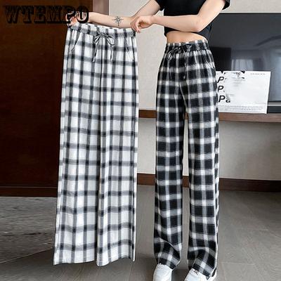 Spring and Summer Ice Silk Wide Leg Pants Female Loose Large Size Sports Casual Pants Female Plaid Straight Pants