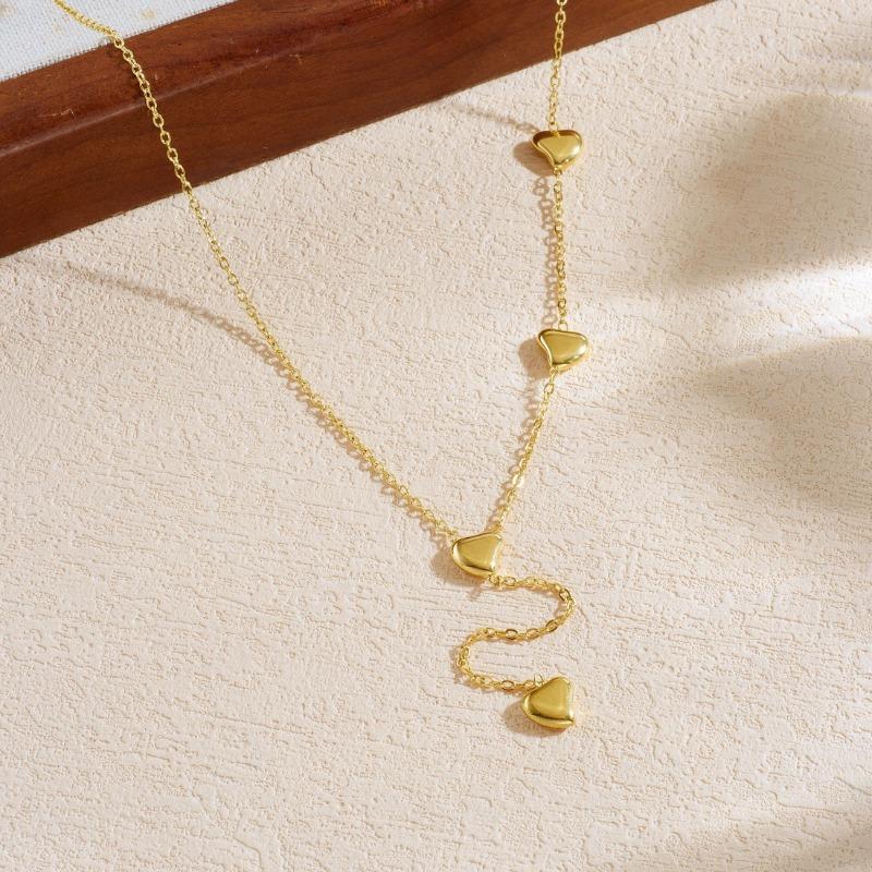 Gold Plated 3D Heart Y-Shaped Lariat Necklace, Stainless Steel Dainty Station Chain Choker, Waterproof Minimalist Jewelry for Women Gift