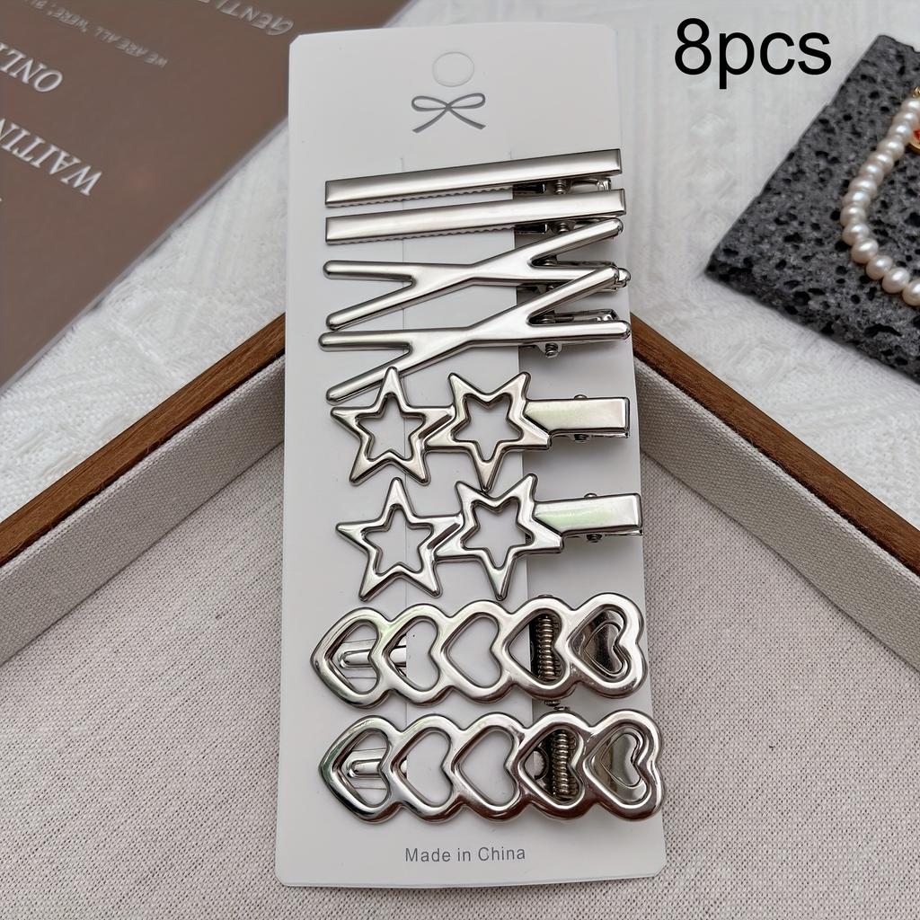 8pcs Elegant Silvery Hair Clips Set Wave Star Geometric and Teardrop Shapes Stylish Bangs and Forehead Clips for Casual Attire