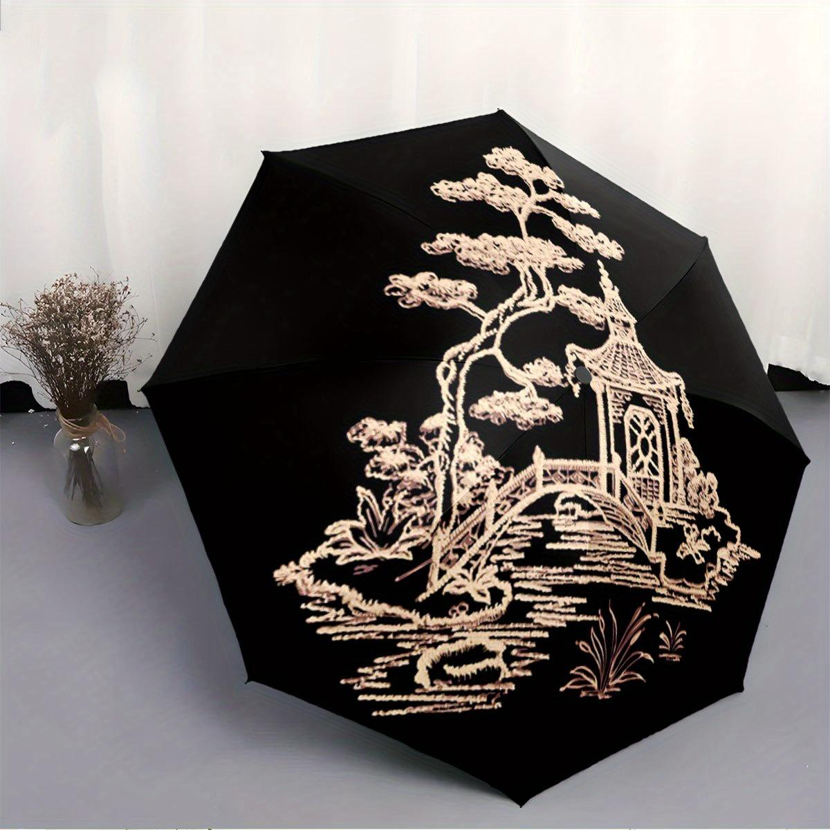 

Folding umbrella Elegant pagoda and bridge design in serene nature scene Creative portable folding umbrella, suitable holiday (as the picture,Iron&8K)