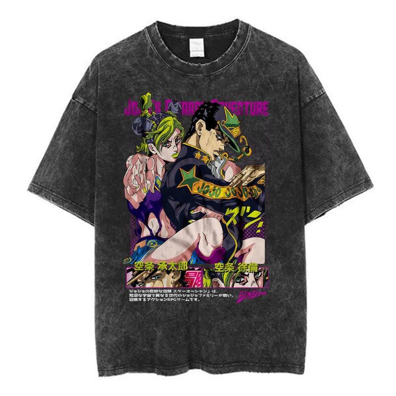 Vintage Washed Anime Jojo Bizarre Adventure T-shirt Giorno Giovanna Manga Graphic T-shirts Men's Clothing Cotton Casual T shirts