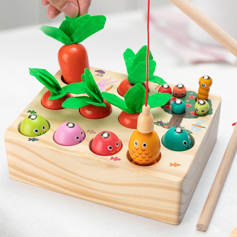 Wooden Carrot Pulling Fishing Insect Catching Toy For Cognitive Playtime Growth