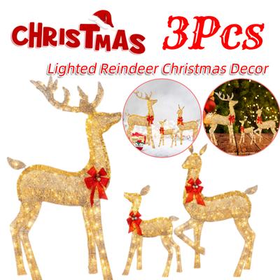 3 Pcs Christmas Deer Family Decor with Light Lighted Reindeer Xmas Decoration Cute Xmas Deer Decoration for Holiday