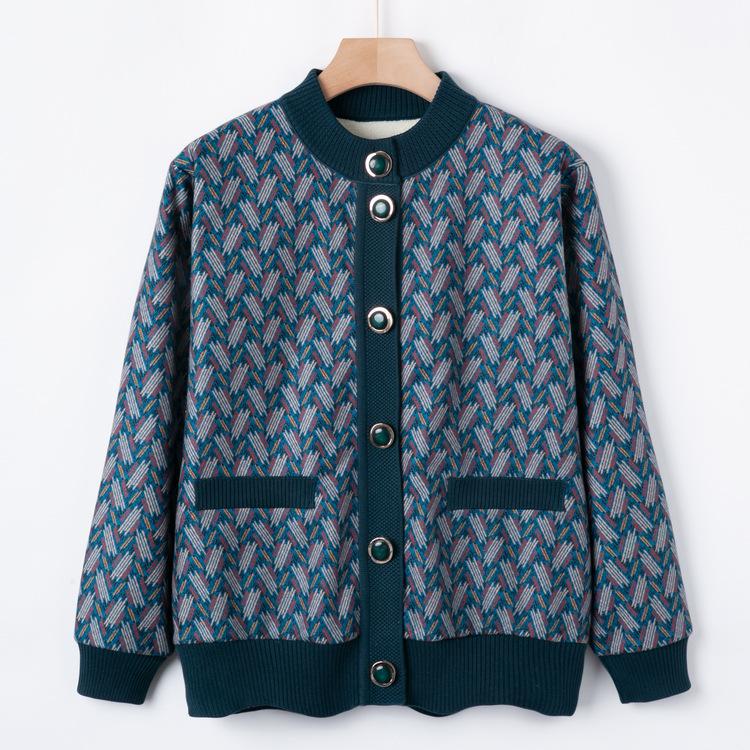 

Кардиган для мам среднего и пожилого возраста, модная плюшевая куртка, бабушкин осенне-зимний модный топ с круглым вырезом, вязаный свитер 3XL синий