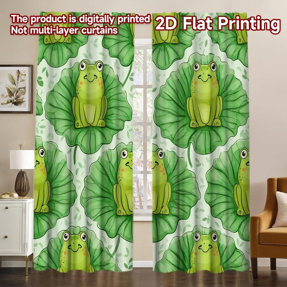 2D FLAT PRINTING 2pcs Curtains (Without Rod) Cute Frogs on Lilypads Chic Window Curtain Versatile 100% Polyester Curtains Easter