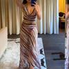 Vestido Maxi de Mujer sin Mangas a Rayas Cuello Drapeado Multicolor Fruncido Bodycon Abertura Alta Gasa Vestido Sexy para Fiesta de Noche Verano
