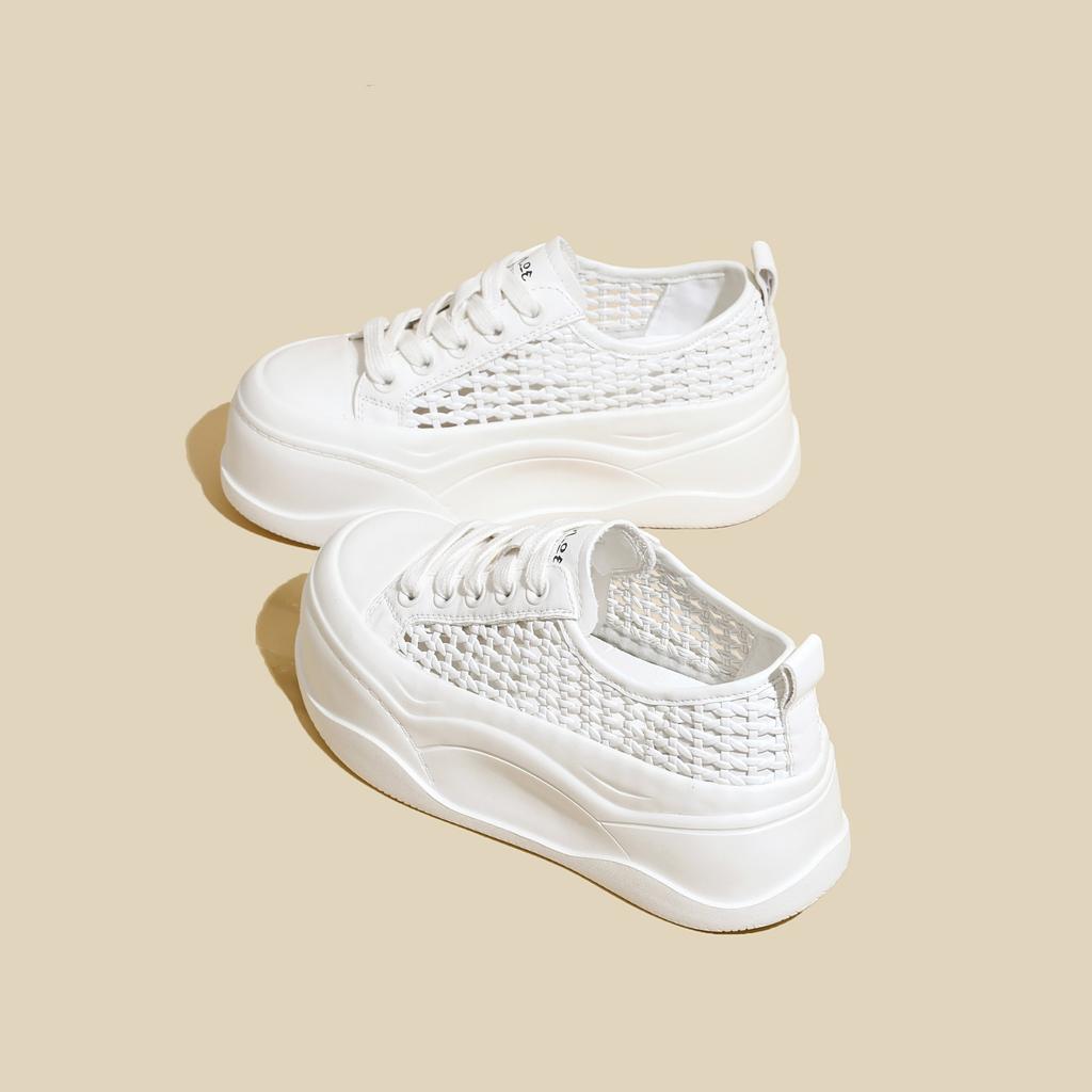 Thick-soled heightening little white shoes for women's 2025 summer new small heightening lightweight weaving hollow muffin sole casual shoes