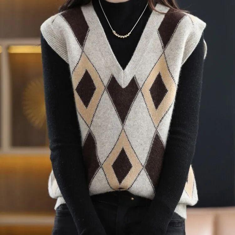 Ärmellose Strickweste mit V-Ausschnitt und Vintage-Karomuster für Damen – Frühlings- und Herbstmode