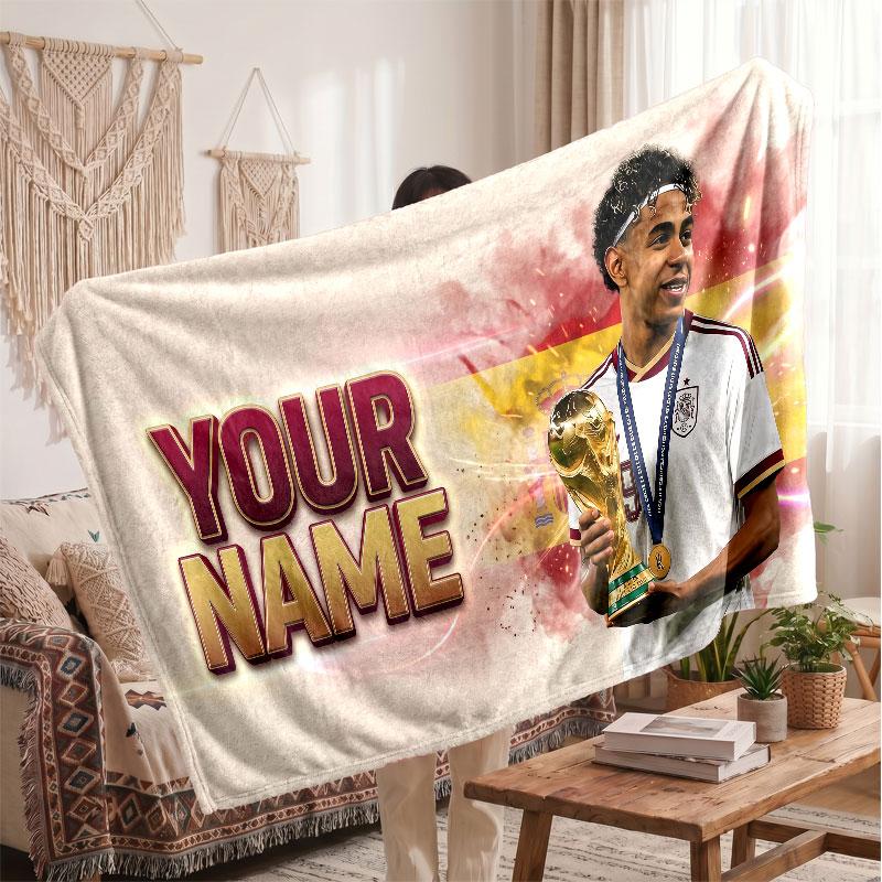 Couverture polaire personnalisée Lamine Yamal avec logo de football, texte de nom personnalisé, couverture d'appoint douce et chaude pour la maison