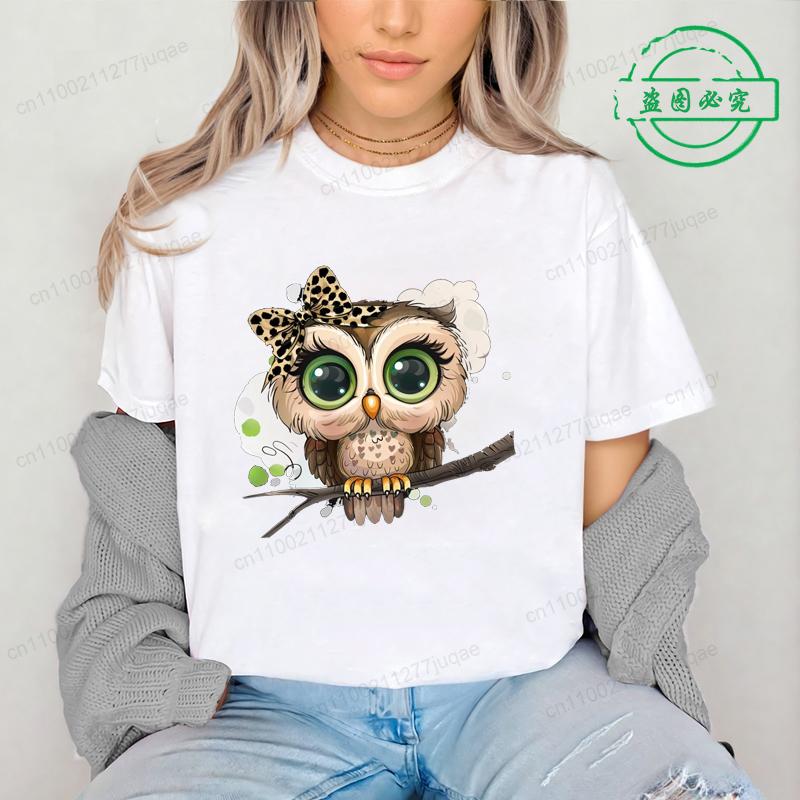 Cartoon Owl Print Crew Neck T-shirt Tee Tops Clothing Gift Streetwear Graphic T Shirts Casual Short Sleeve Top Women's Clothing