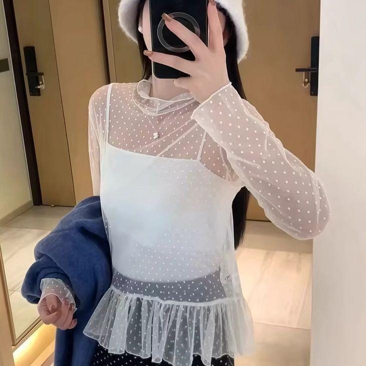 Korean Aesthetic High Neck Polka Dot Lace Ruffle Top