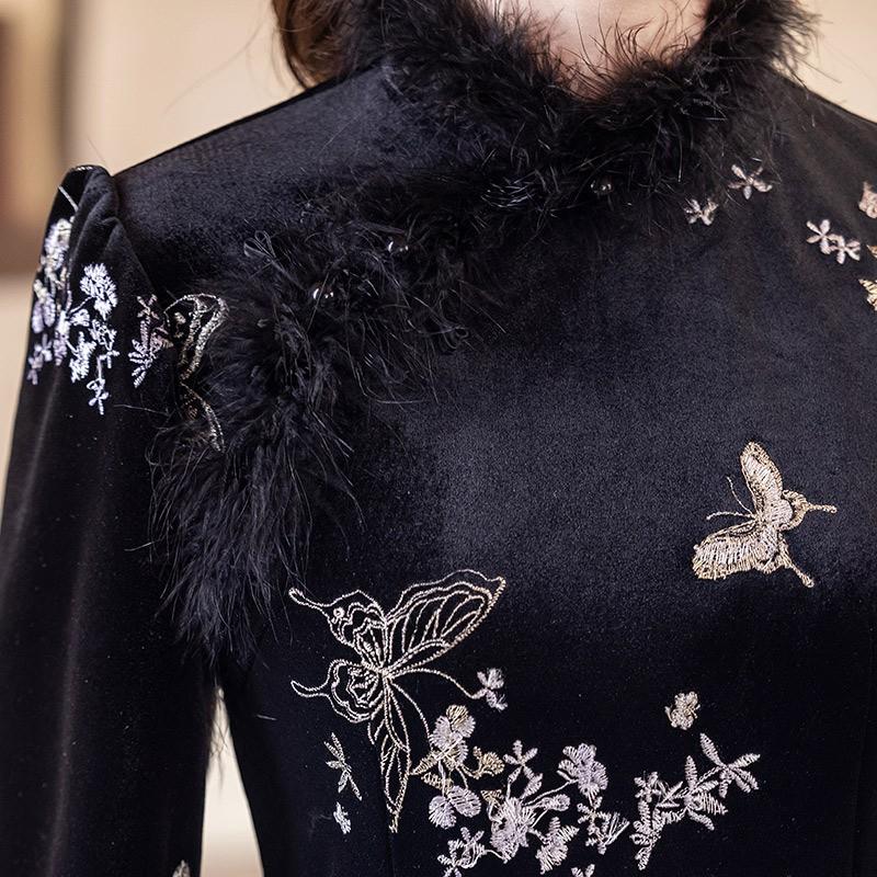 Womens Winter Velvet Qipao Dress With Wide Sleeves Retro Chinese Style Long Sleeve Coat Cold Weather