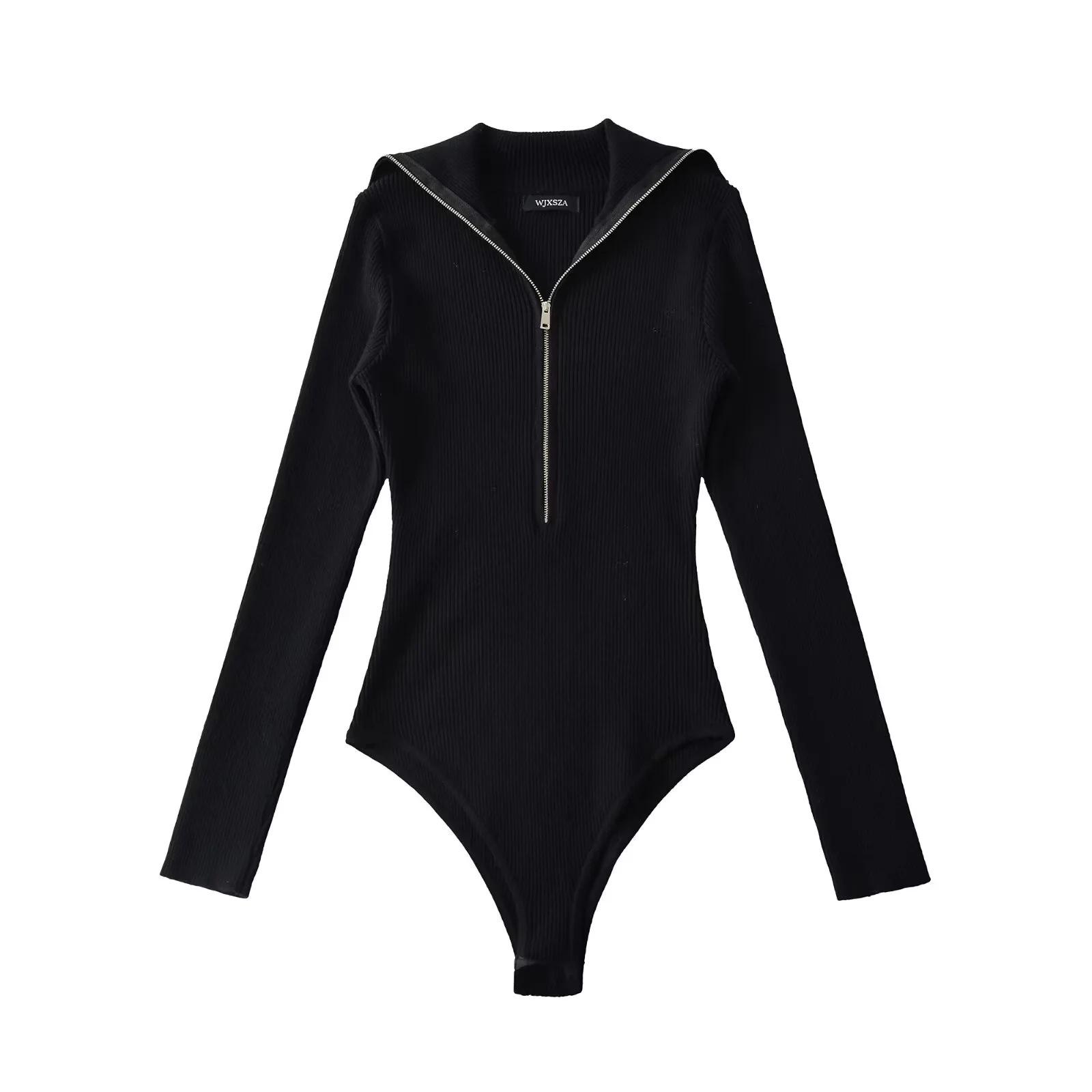 

European & American Chic Knit Jumpsuit: High-Waist, Half-Zip, Solid Color Lapel Design for Women One Size