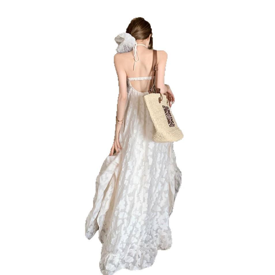 French Pure Desire Wind Seaside Vacation Neck Suspender Dress Women's Summer Sexy Backless Temperament Ruffle Edge Dress