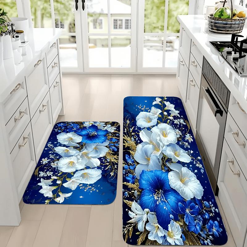 1Pcs Anti Fatigue Kitchen Rugs, Blue White Floral Print Waterproof Non-Slip Thick Cushioned Kitchen Mat Heavy Duty Comfort Standing Mat for Kitchen