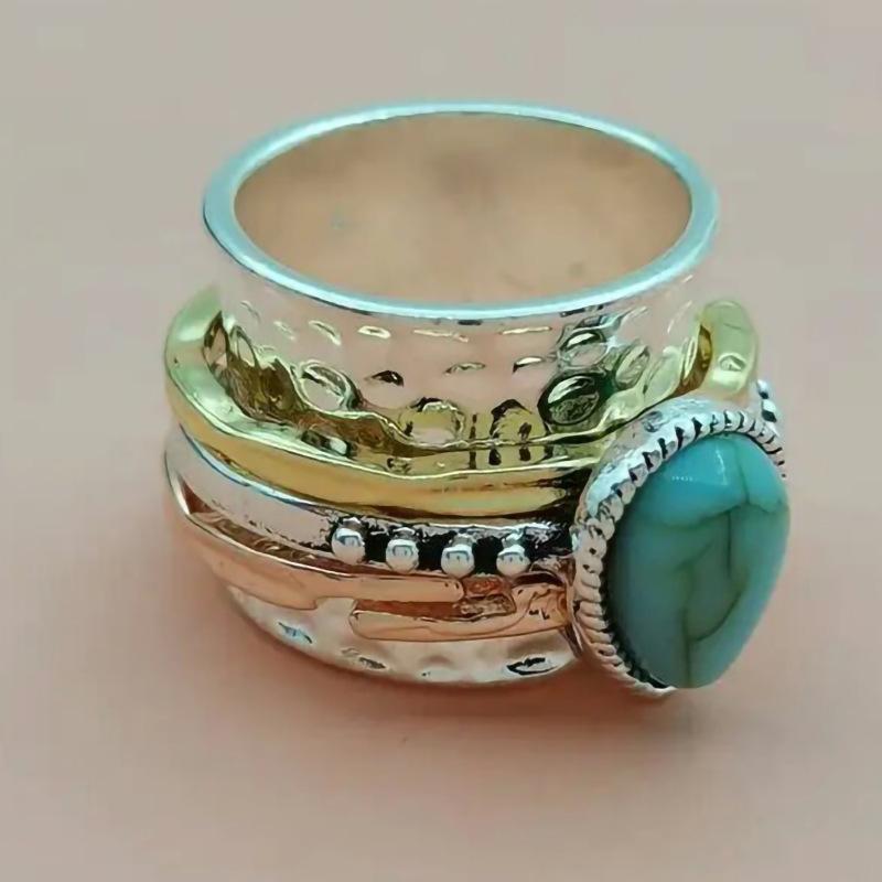 Vintage Imitation Turquoise Ring, Water Drop Three-Color Ring, Domineering Bohemian Ring.