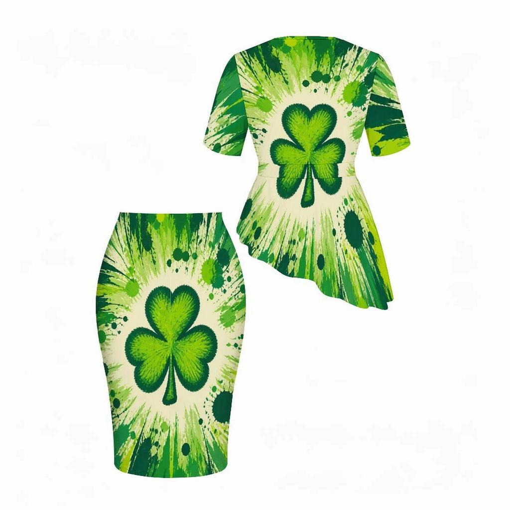 Women Plus Size Dark Green Shamrock Printed Round Neck Short Sleeve Asymmetric Top And Fitted Skirt Two Piece Set